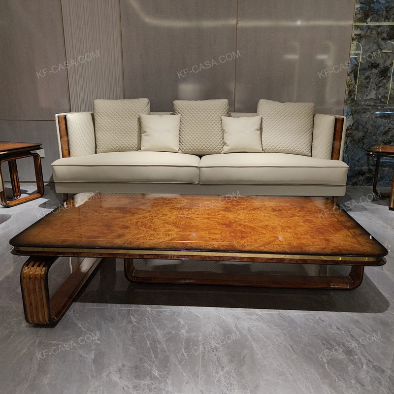 Luxury Rectangular Coffee Table with Premium Burl Veneer and Elegant Open Base